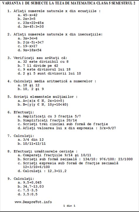 Teza Matematica Clasa 5 Semestrul 2 ogeometrie: TEZA la MATEMATICA Clasa 5 - semestrul 2